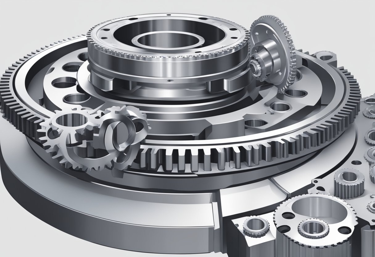 A flange slewing bearing rotates smoothly on a sturdy base, surrounded by gears and mechanical components