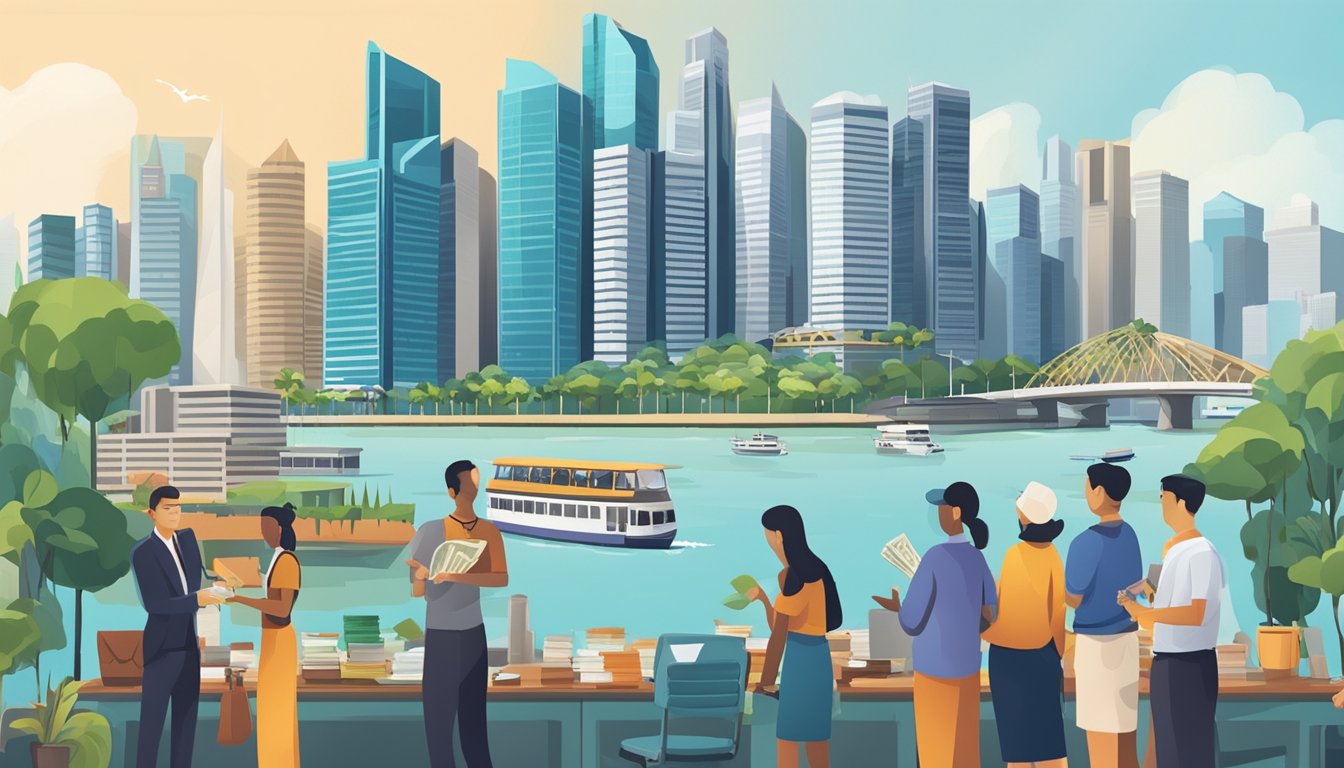 A bustling Singapore skyline with financial district buildings and a diverse group of people exchanging money and discussing investments