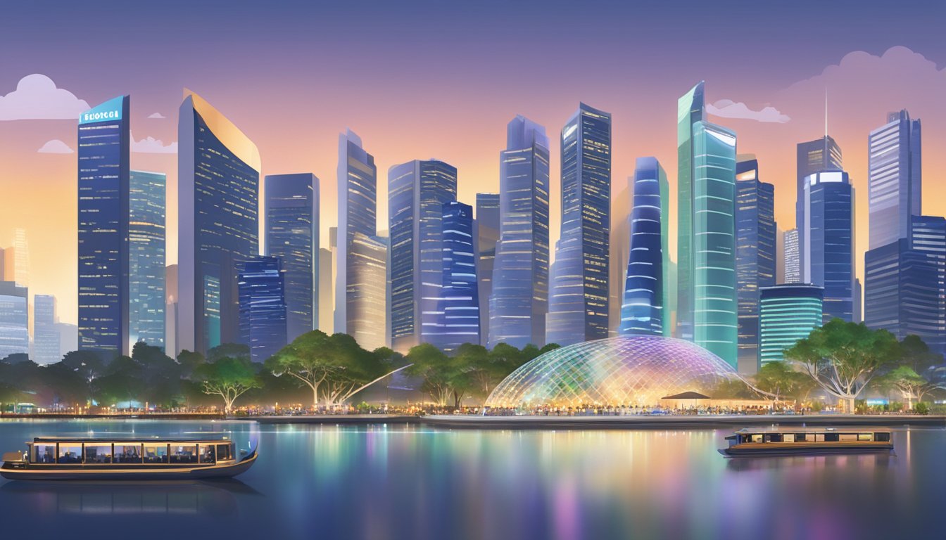 A bustling Singapore cityscape with iconic financial district buildings, a stock market ticker displaying fluctuating numbers, and people engaged in discussions about investment strategies