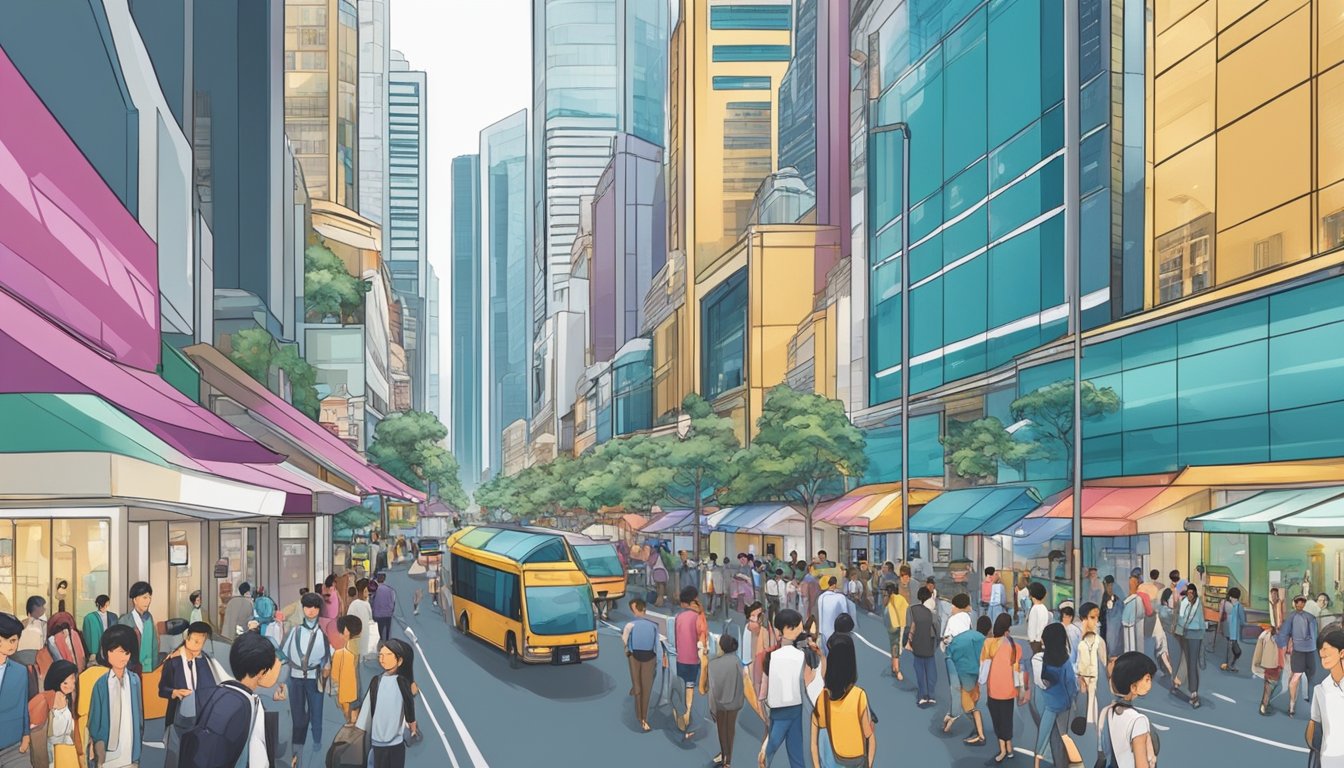 A bustling Singapore street with a mix of financial institutions and investment options, including banks, stock exchanges, and investment firms. The scene is filled with people discussing and considering various investment vehicles
