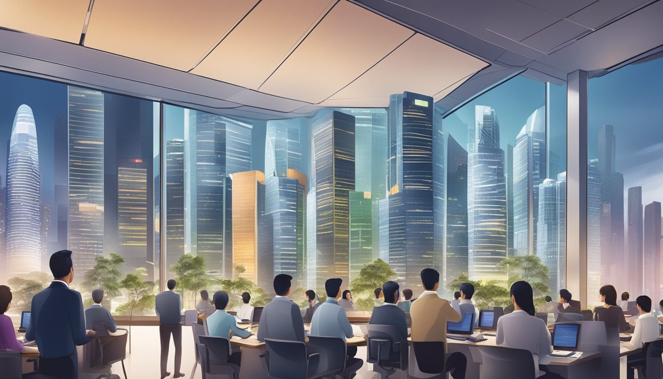 A bustling Singapore financial district with diverse investment opportunities and risk management strategies being discussed in boardrooms and on digital screens