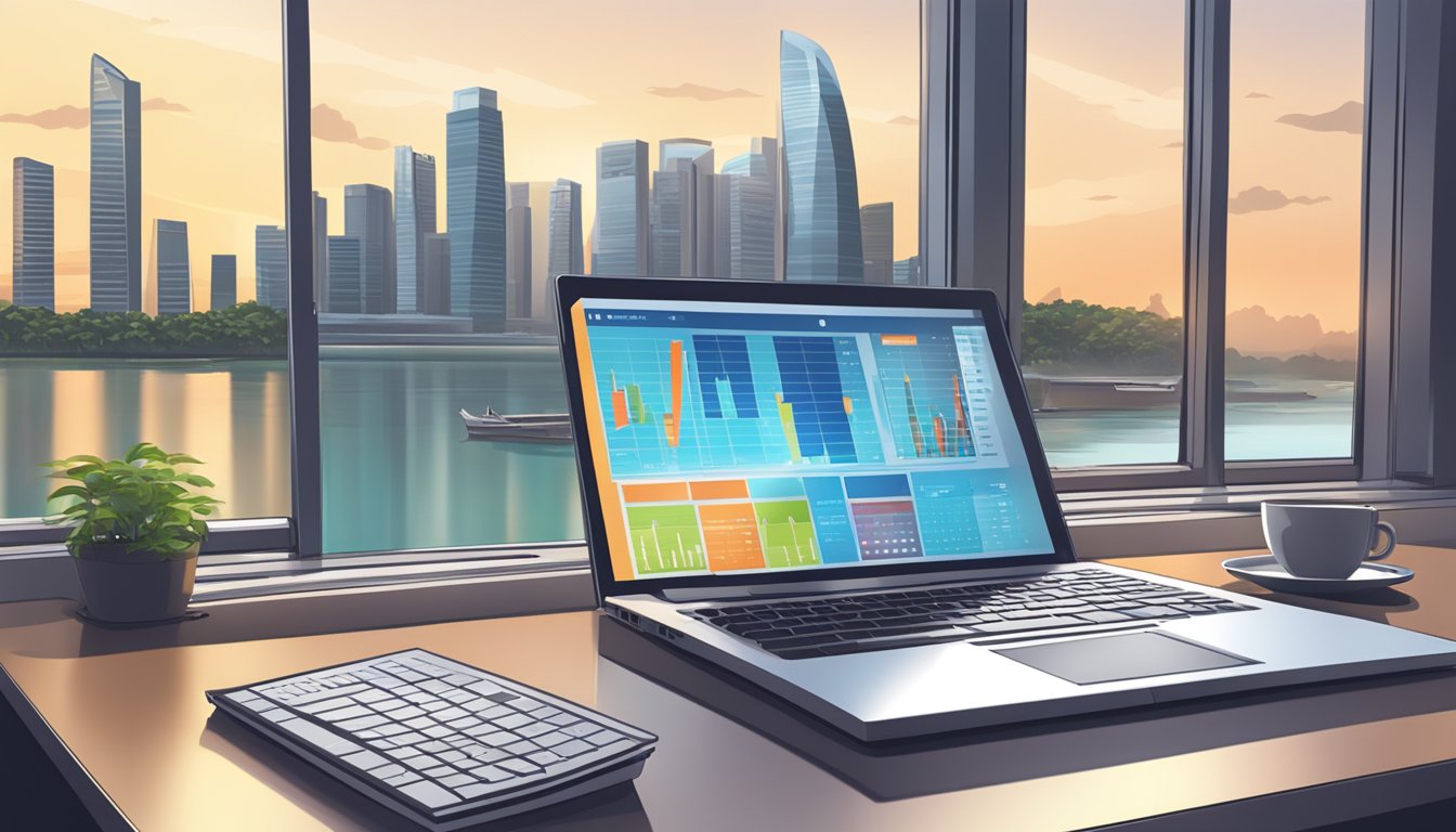 A desk with a laptop, financial charts, and a calculator. A Singapore city skyline in the background