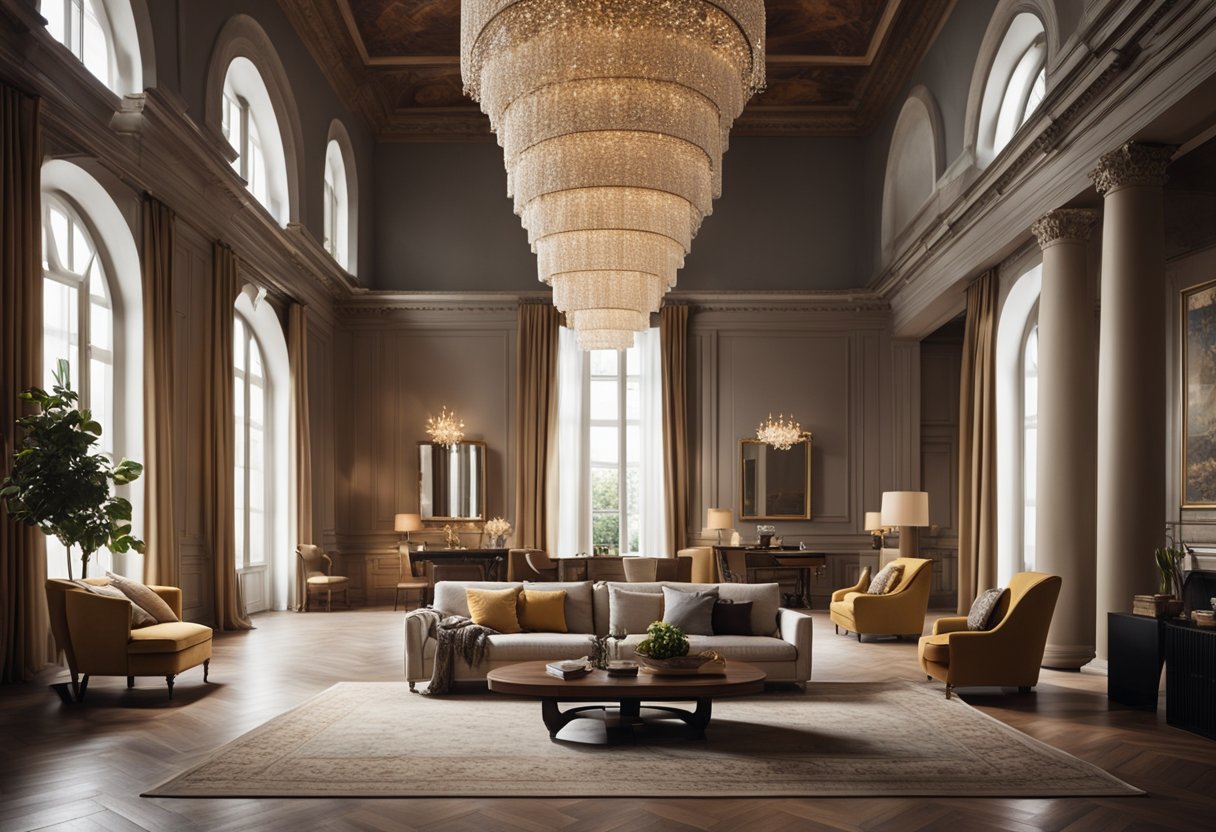 A spacious Italian interior design studio with high ceilings, large windows, and elegant furniture arranged in a symmetrical layout. Rich, warm colors and luxurious fabrics create a cozy and sophisticated atmosphere