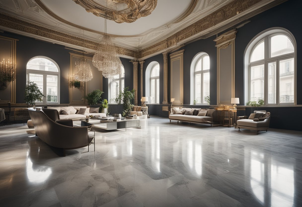 A spacious Italian interior design studio with high ceilings, marble floors, and ornate architectural details. Large windows flood the space with natural light, showcasing elegant furniture and luxurious fabrics
