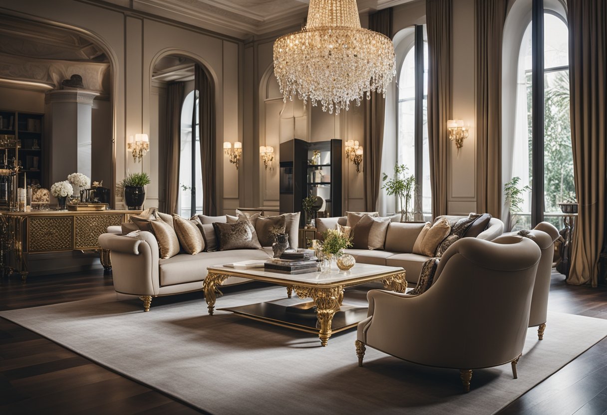 A luxurious Italian interior design studio, featuring sleek furniture, ornate lighting, and rich textiles, exudes elegance and sophistication