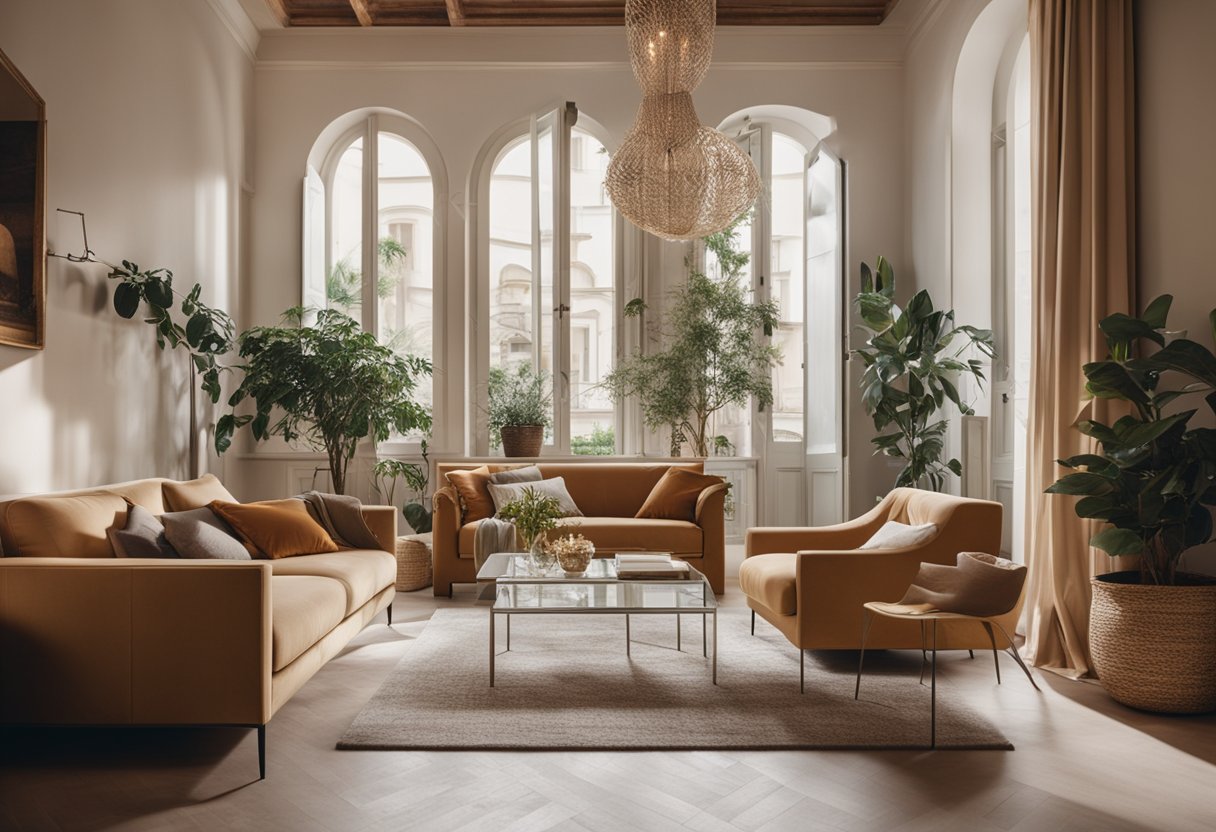 An elegant Italian interior design studio with modern furnishings, natural light, and a warm color palette