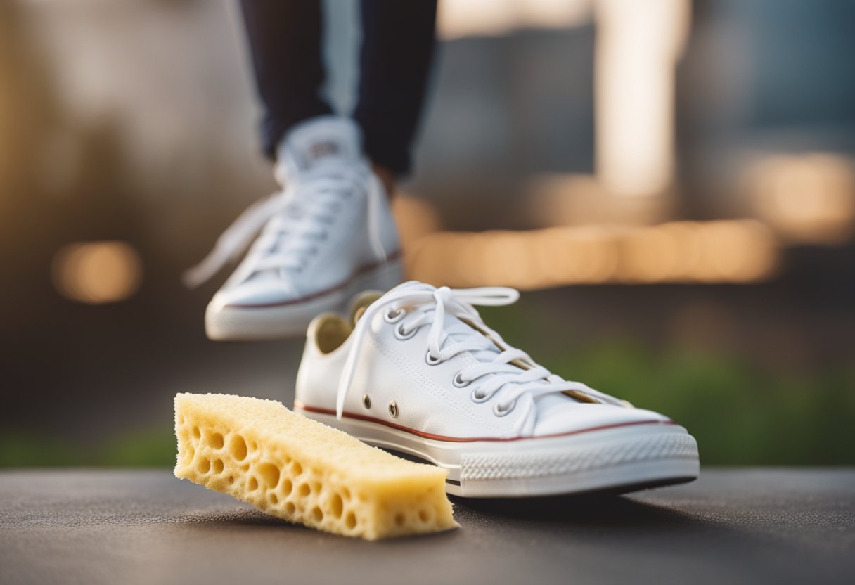 A soapy sponge wipes away dirt from a pair of white Converse sneakers, leaving them looking fresh and clean