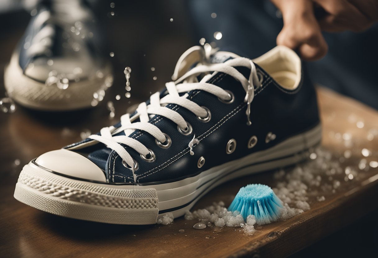 A pair of Converse sneakers being scrubbed with a brush and soapy water to clean the rubber soles