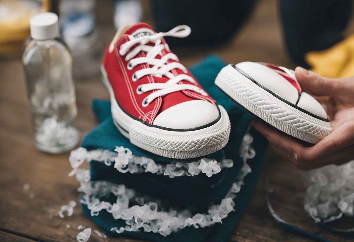 A pair of Converse sneakers is being cleaned with a brush and soapy water, with a cloth nearby for drying