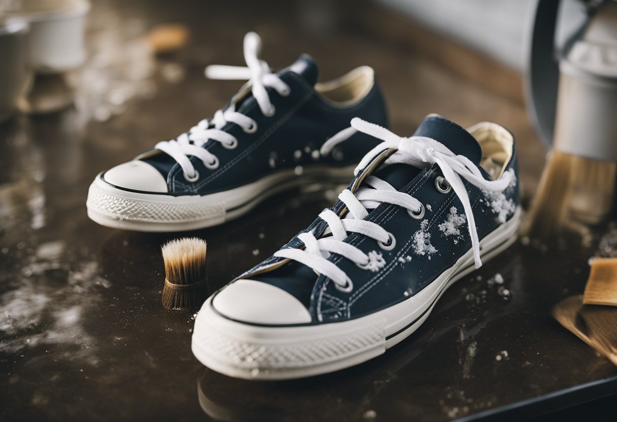 A pair of dirty Converses being scrubbed with soapy water and a brush, then rinsed and left to air dry