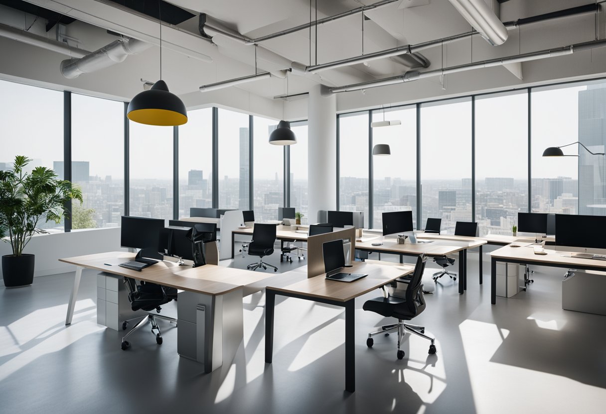 A modern, minimalist office space with sleek furniture, clean lines, and pops of color. Natural light streams in through large windows, illuminating the airy and spacious room