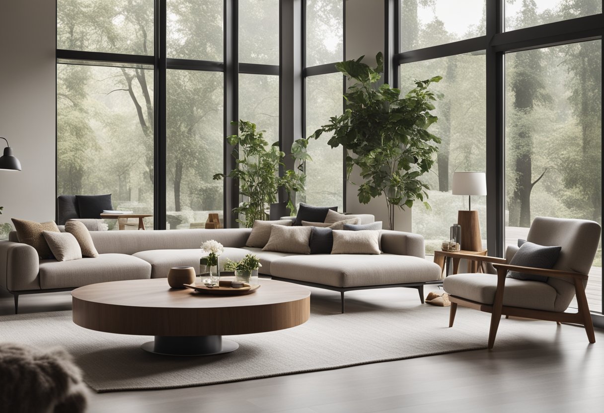 A modern, minimalist living room with clean lines, neutral tones, and a focus on natural materials like wood and stone. Large windows let in plenty of natural light, creating a warm and inviting atmosphere