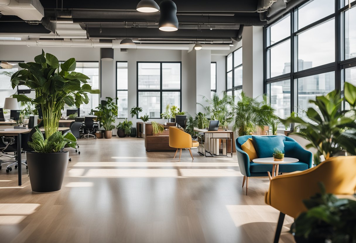 A vibrant office space with modern furniture, plants, and natural light streaming through large windows. Clean lines and pops of color create a welcoming atmosphere