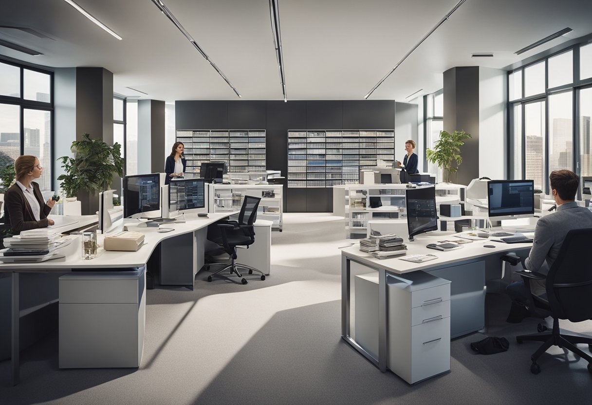 A busy office with people discussing design plans and looking at samples. Shelves filled with fabric swatches and furniture catalogs. Computer screens showing 3D room layouts