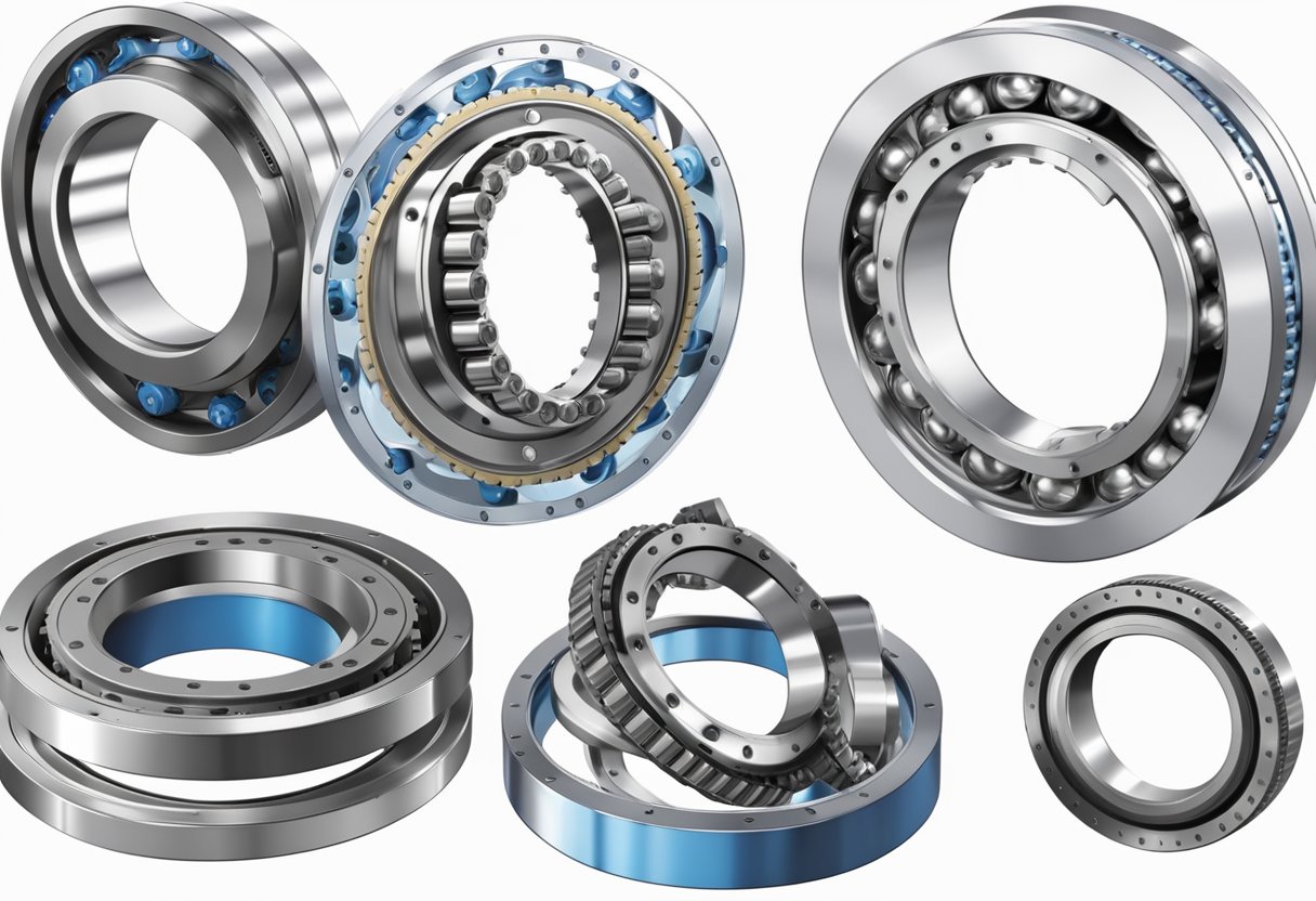 A four point contact ball slewing bearing with inner and outer rings, ball, and cage, demonstrating load distribution and rotational movement