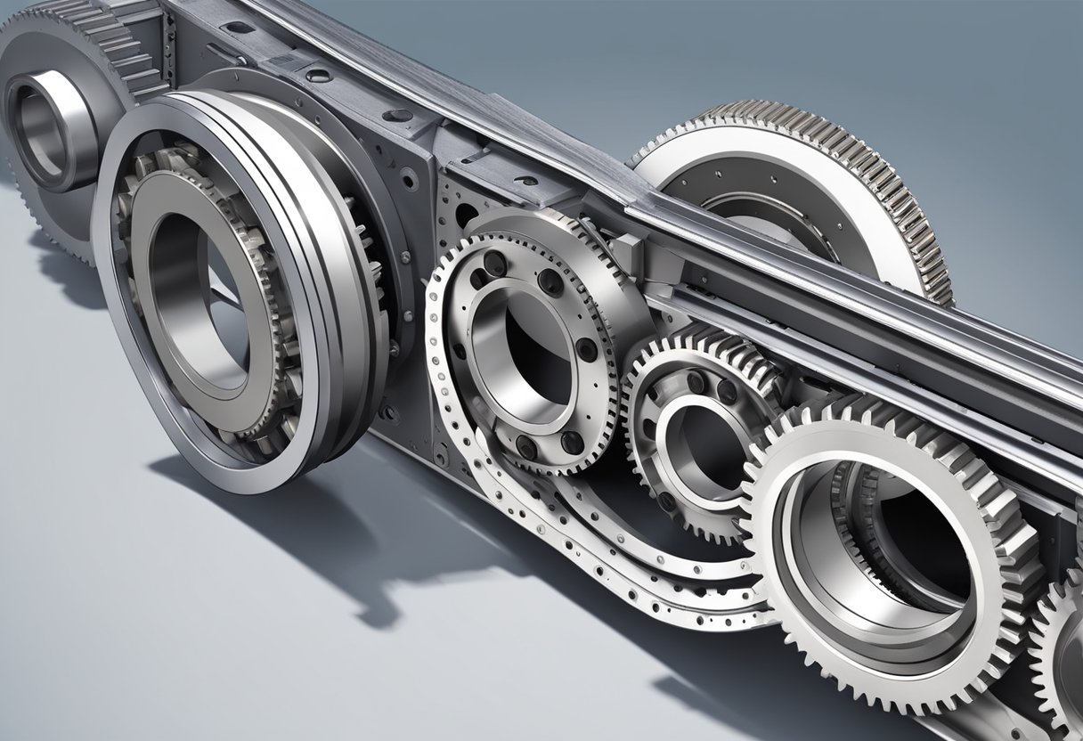 A four-point contact ball slewing bearing installed on a large industrial machine, surrounded by gears and other mechanical components