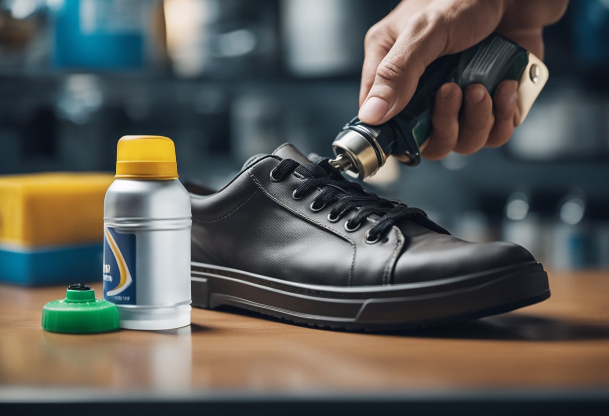 A shoe with gum stuck to the sole, a person holding a can of spray lubricant and a scraper tool, ready to remove the gum