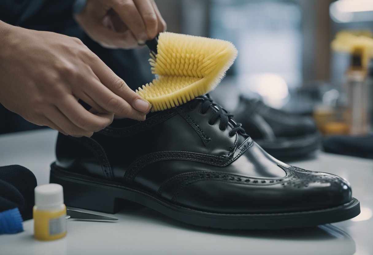 A shoe being cleaned with a solvent and a brush to remove chewing gum stuck to the sole