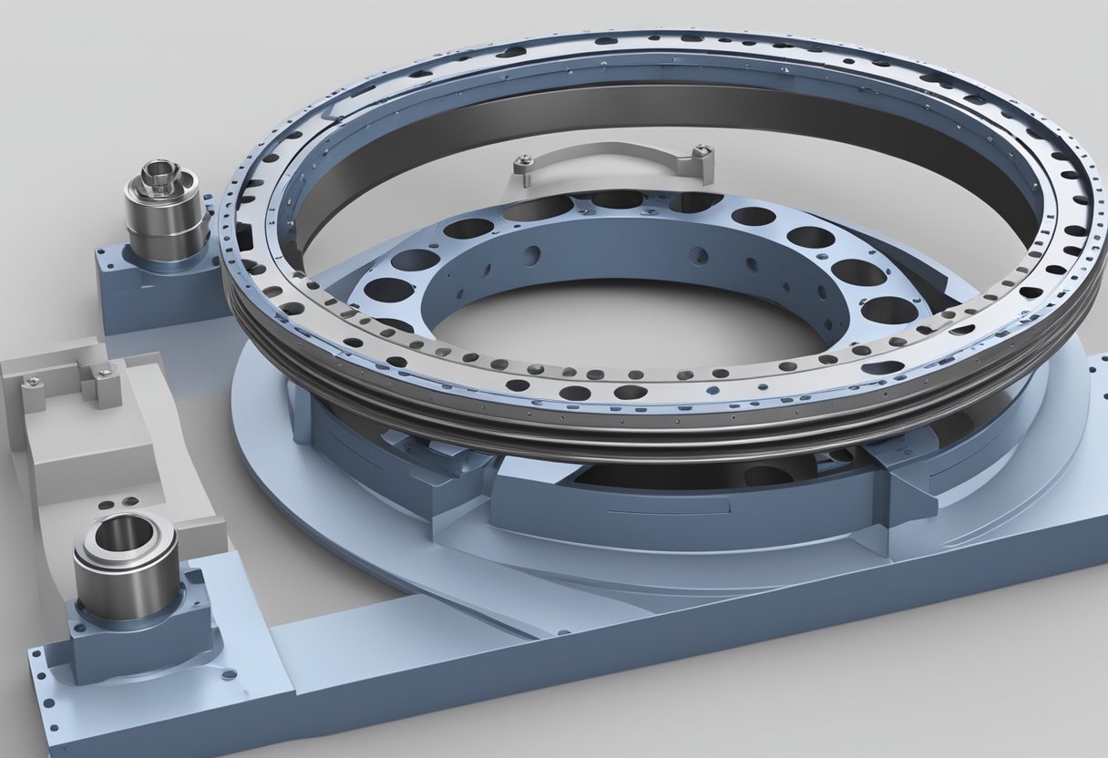 A large, sturdy slewing bearing rotates smoothly on a machine, supporting heavy loads with precision