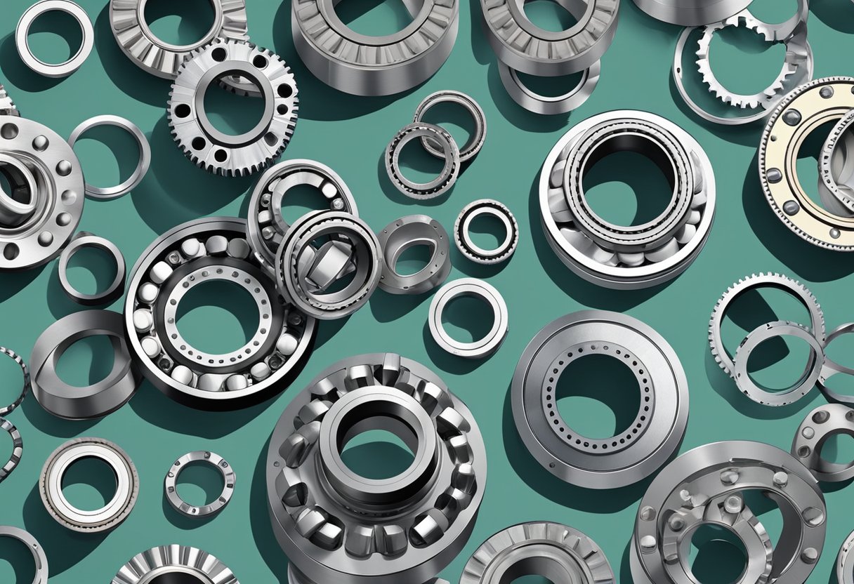 A variety of heavy duty slewing bearings arranged in a circular pattern, varying in size and design