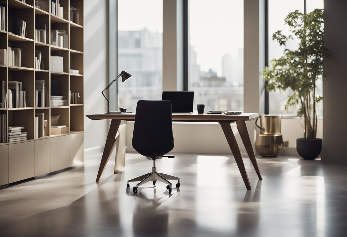 A sleek desk faces a large window, with a minimalist chair and bookshelves. The room is bright, with clean lines and neutral colors