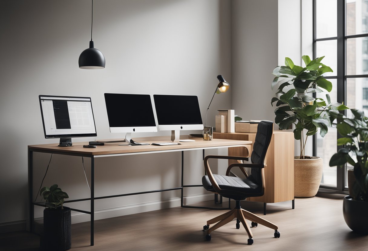 A sleek desk with a minimalist computer setup, surrounded by modern furniture and ample natural light in a spacious, organized room