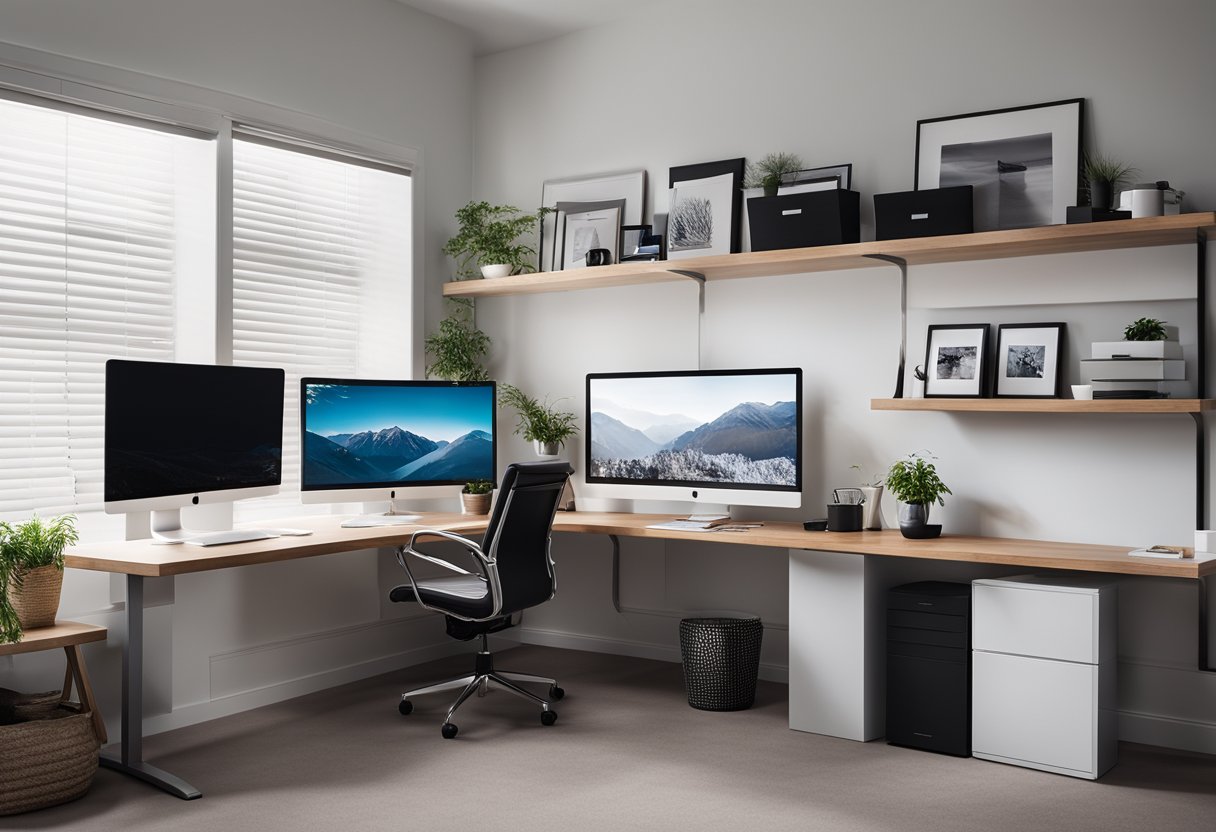 A sleek desk with a dual monitor setup, ergonomic chair, and organized shelves in a bright, minimalist home office