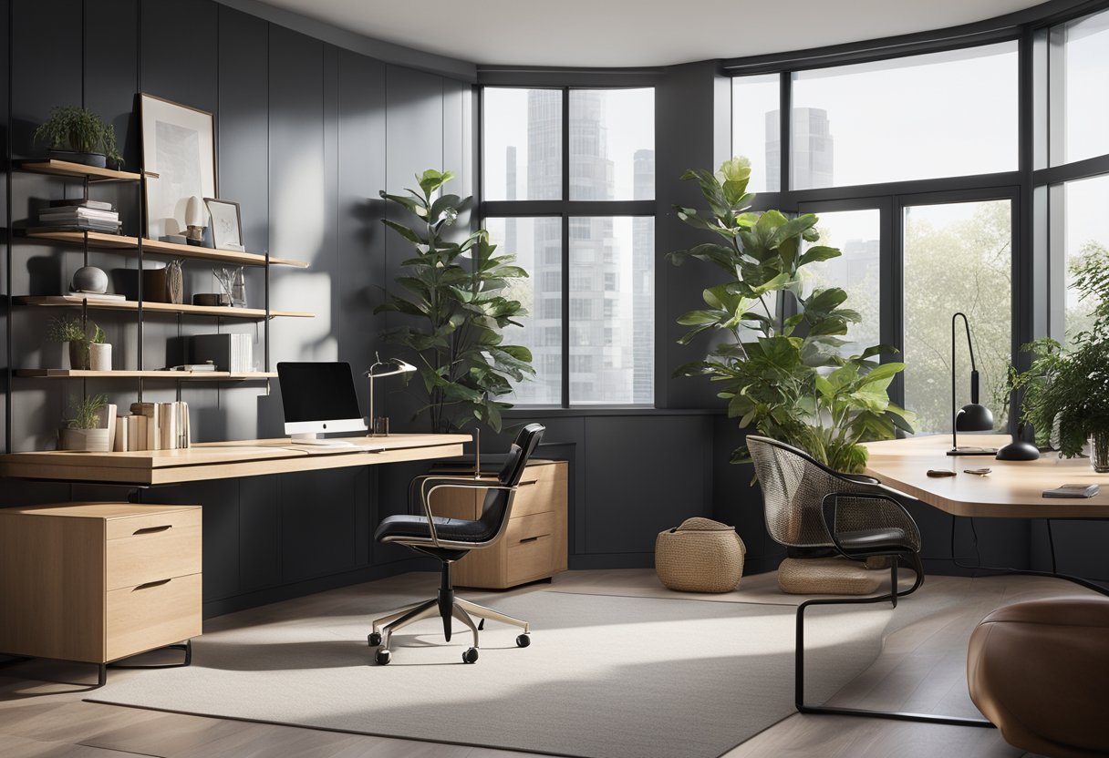 A sleek, minimalist home office with a large desk, ergonomic chair, and built-in storage. Natural light floods the space, highlighting the clean lines and modern finishes