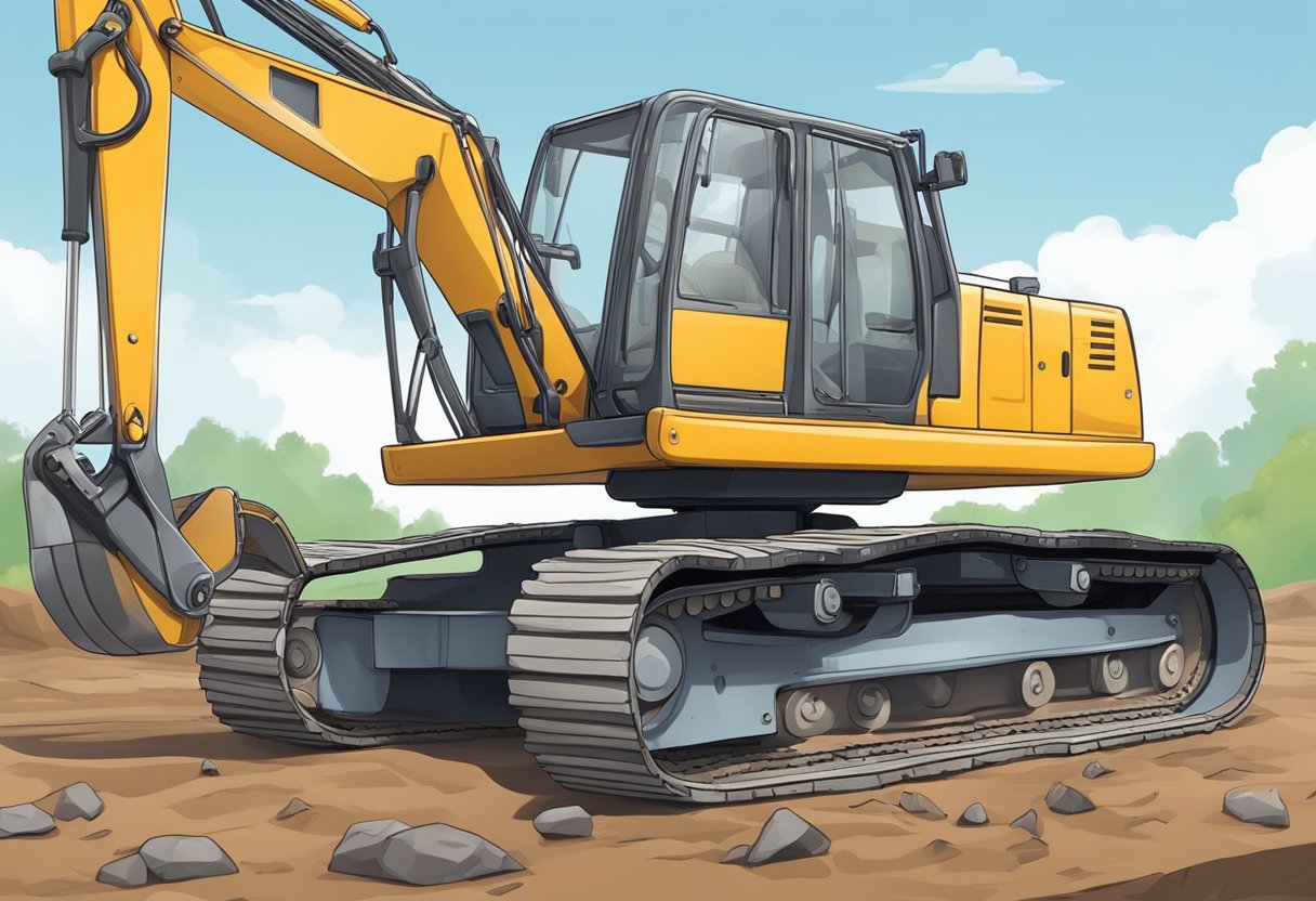 An excavator on level ground, with the swing bearing exposed. A technician uses a torque wrench to check the tightness of the bolts