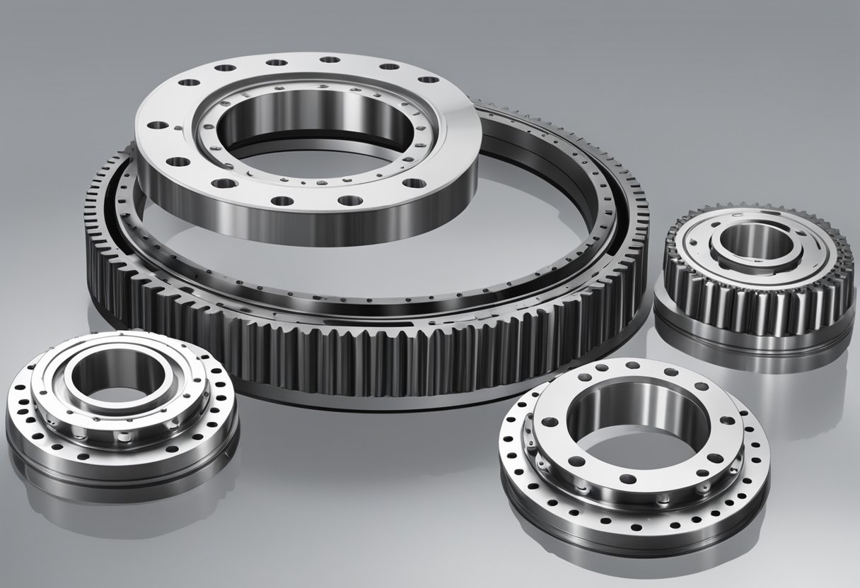 An internal gear slewing bearing rotates smoothly within a sturdy housing, with precision-engineered teeth interlocking to support heavy loads