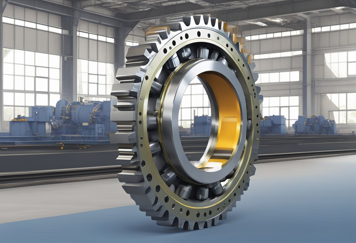 A large internal gear slewing bearing rotates smoothly on its axis, with precision-engineered teeth and sturdy construction