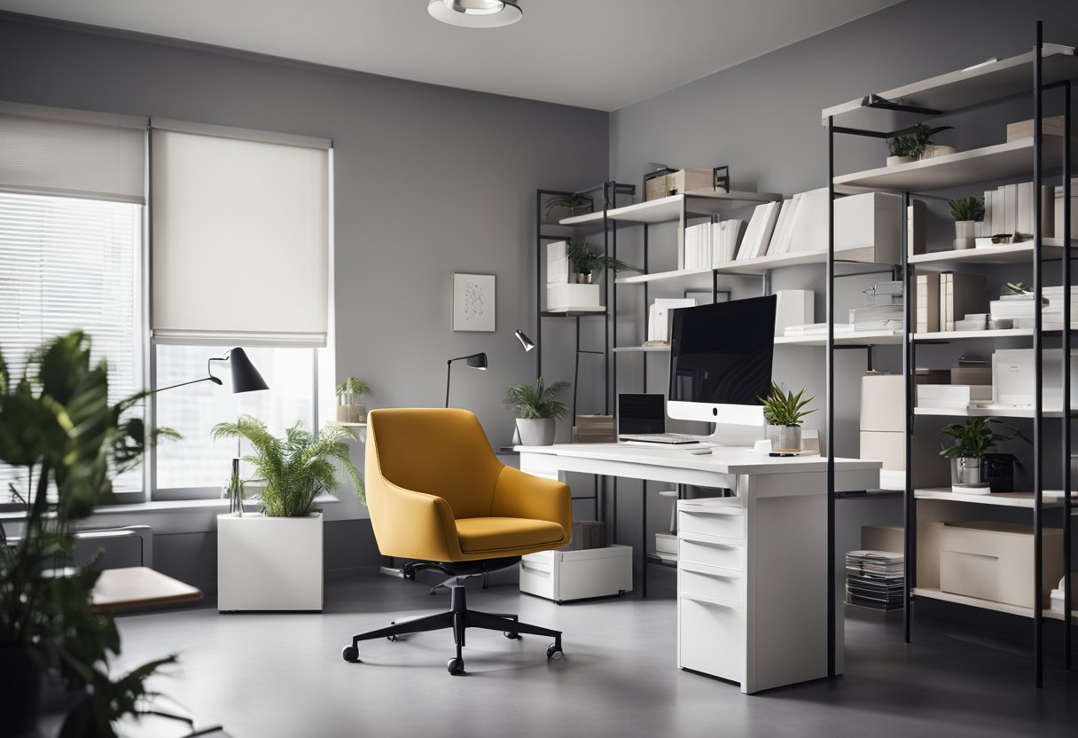 The small office has modern furniture, bright lighting, and a minimalist color scheme. A sleek desk with a computer, ergonomic chair, and organized shelves complete the space