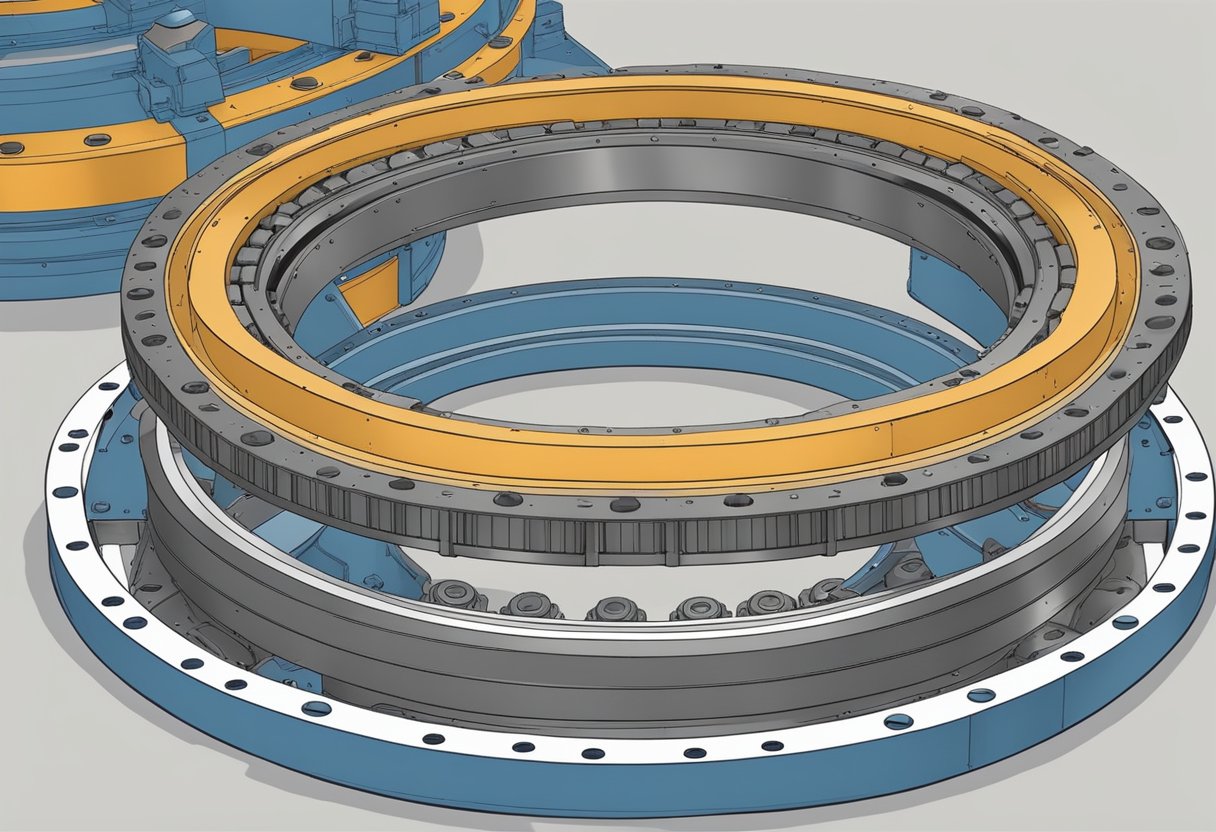 A large diameter slewing bearing rotates smoothly under heavy machinery, supported by sturdy bolts and surrounded by grease-filled channels