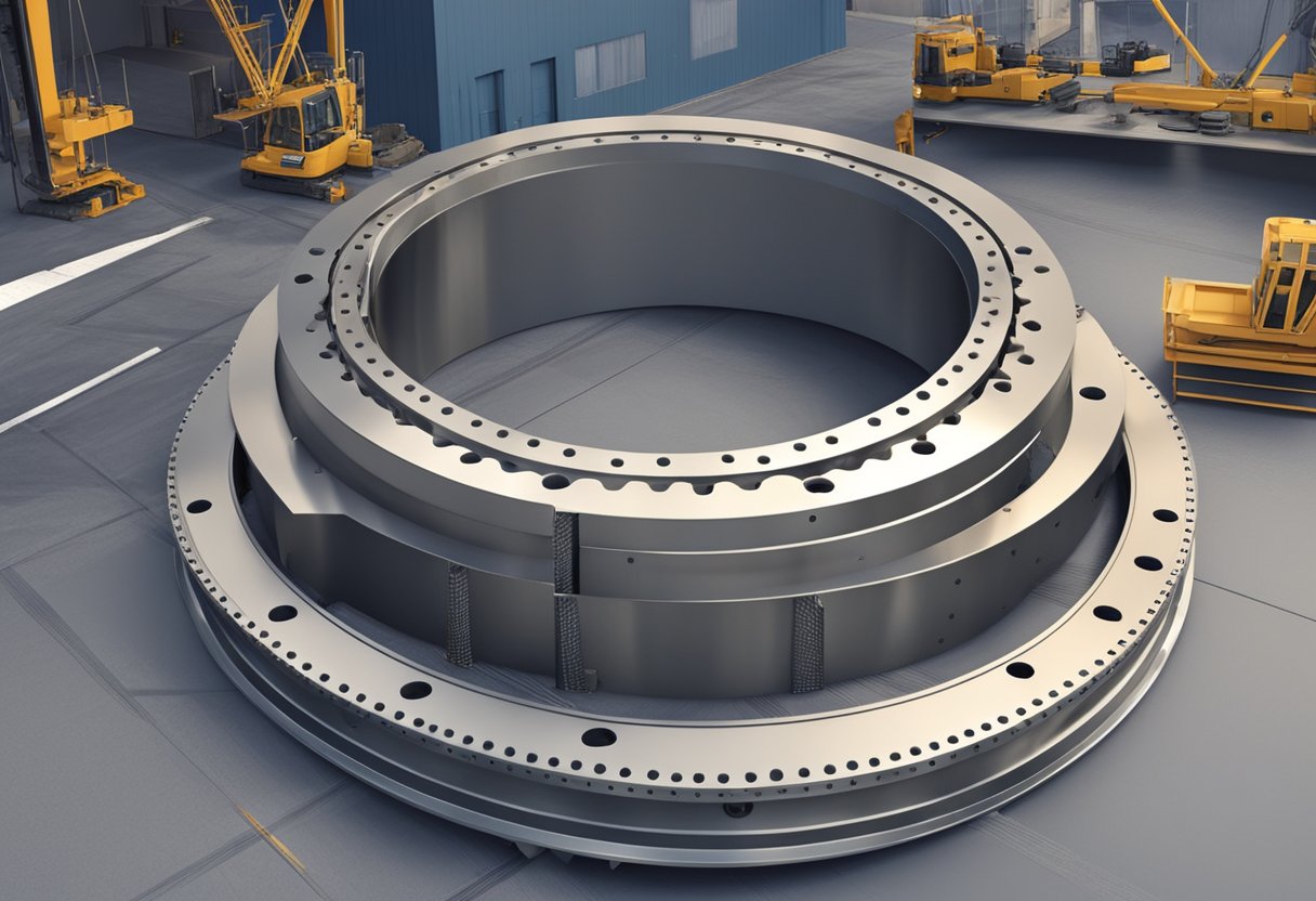 A large diameter slewing bearing rotates smoothly on a sturdy base, surrounded by heavy-duty machinery