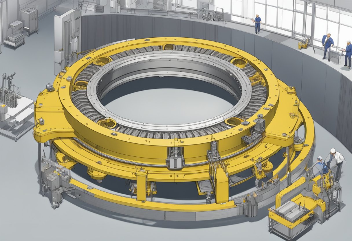 A large diameter slewing bearing is being analyzed and tested in a state-of-the-art engineering lab, with engineers and designers collaborating on its design and functionality