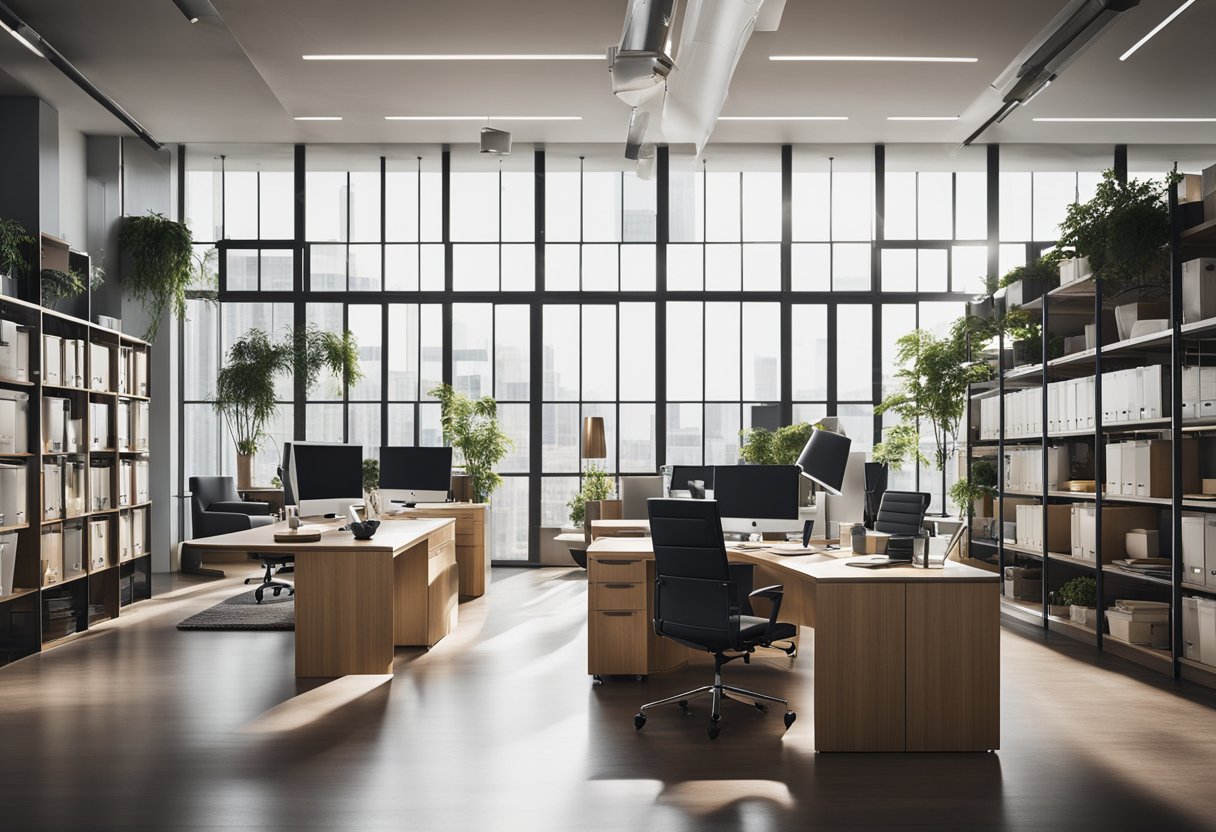 The office is organized with multi-functional furniture, maximizing space. Shelves and desks are neatly arranged, with natural light streaming in through large windows