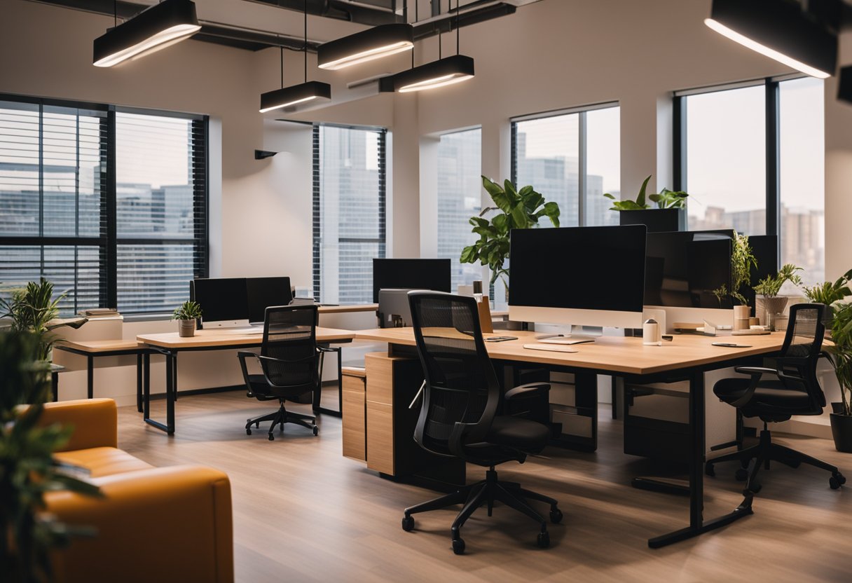 An inviting small office with modern furniture, warm lighting, and pops of vibrant color creating a cozy and creative ambiance