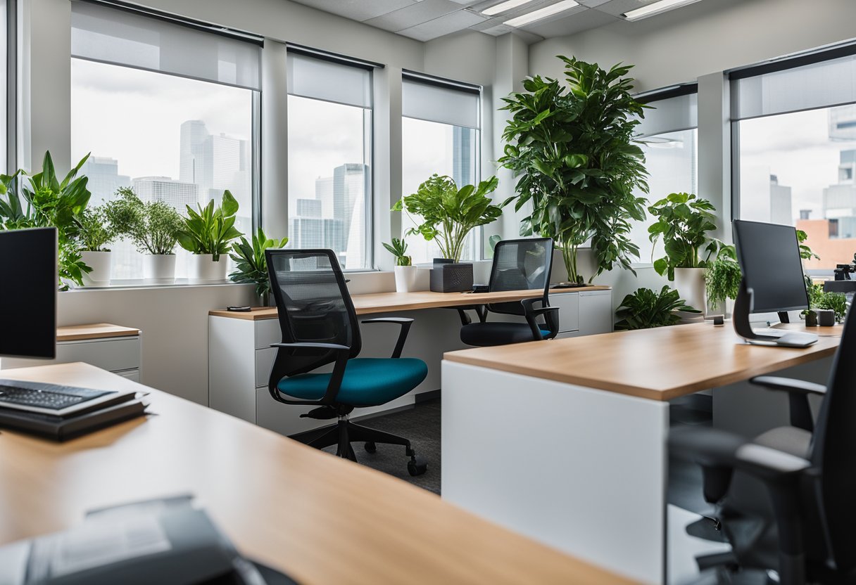 A modern, organized office space with a sleek desk, ergonomic chairs, and a vibrant accent wall. Shelves neatly display binders and office supplies. A large window lets in natural light, and a potted plant adds a touch of greenery