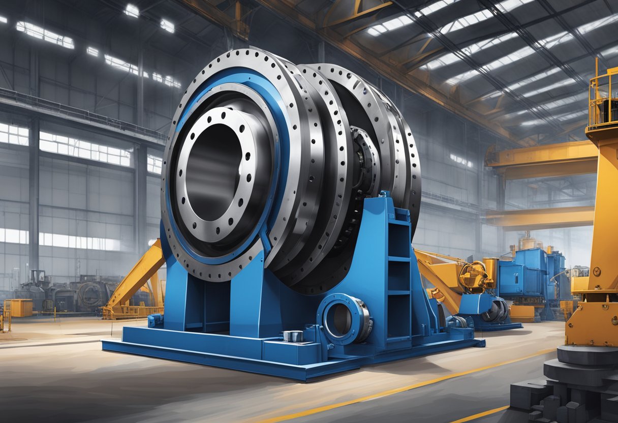 A massive slewing bearing supports a heavy load, surrounded by machinery and industrial equipment