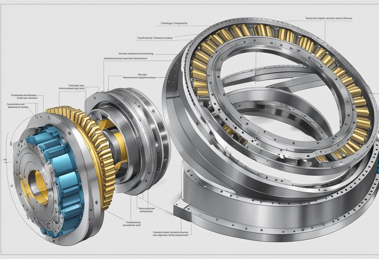 A large diameter slewing bearing is shown in cross-section with rolling elements and raceways clearly visible