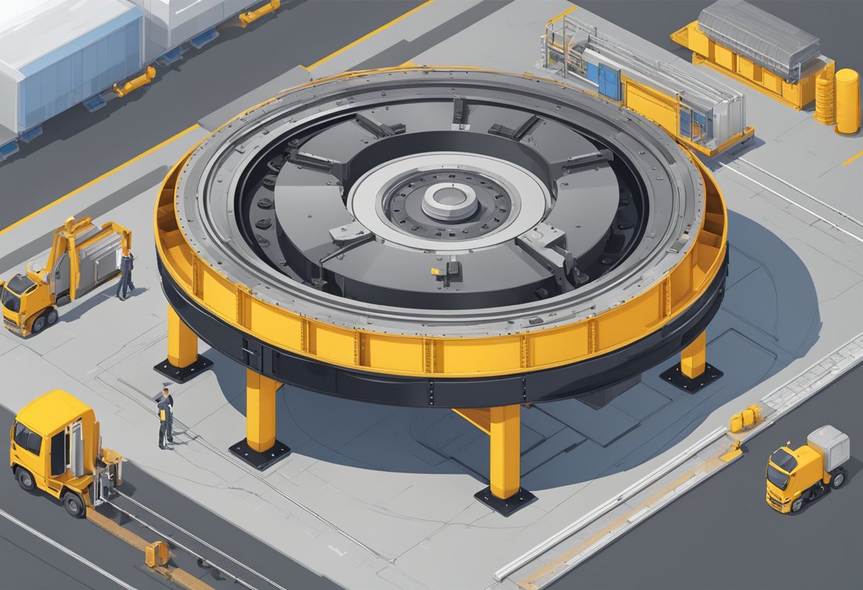 A large diameter turntable bearing supports heavy machinery on a platform, with multiple rolling elements and a raceway, surrounded by a sturdy housing