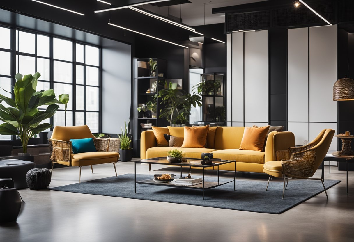 A modern, chic interior with sleek furniture, vibrant pops of color, and unique design elements