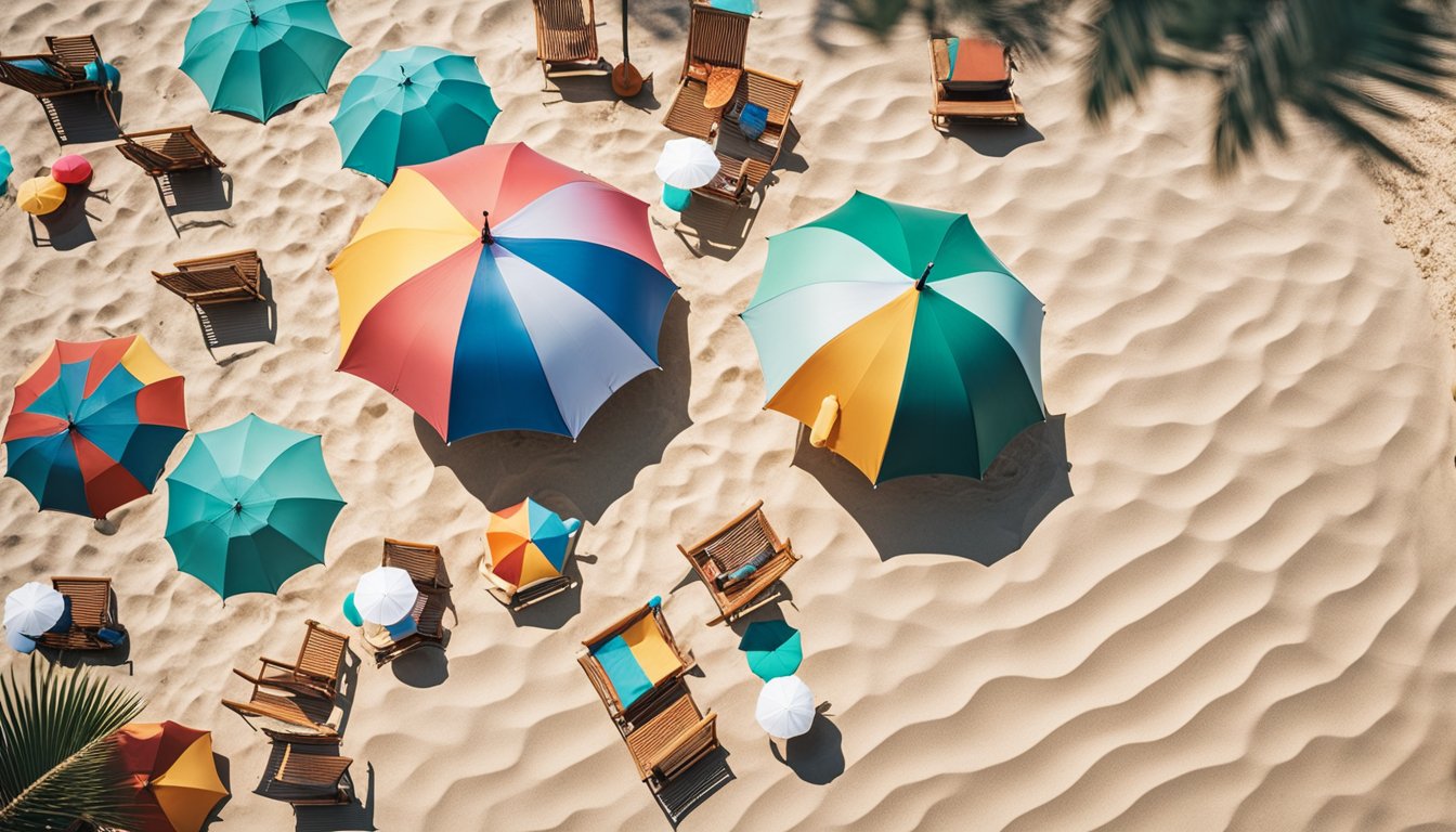 A beach with colorful umbrellas, people enjoying outdoor activities, festive decorations, and a laptop with a blog page on vacation and holiday tips