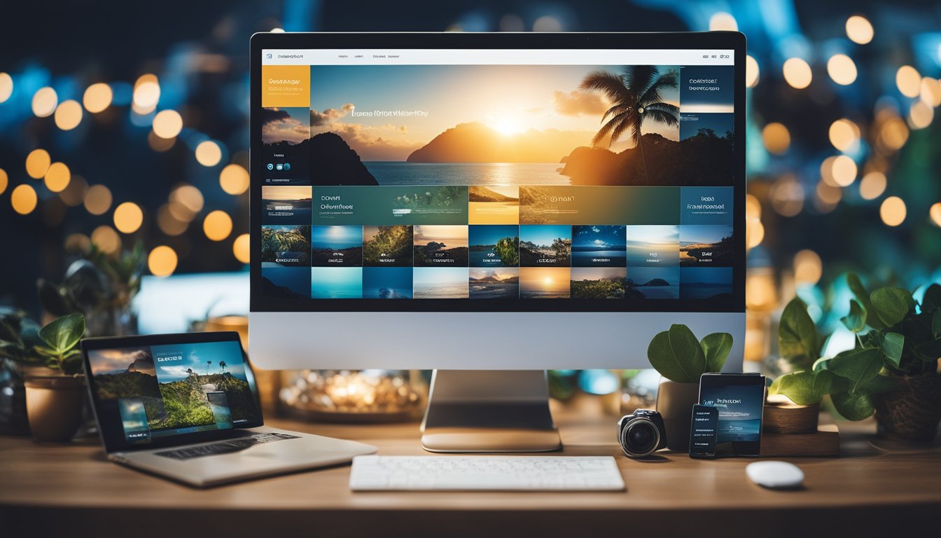 A computer screen with a blog creation and customization process for a vacation and holiday themed blog. Icons for development and monetization are visible