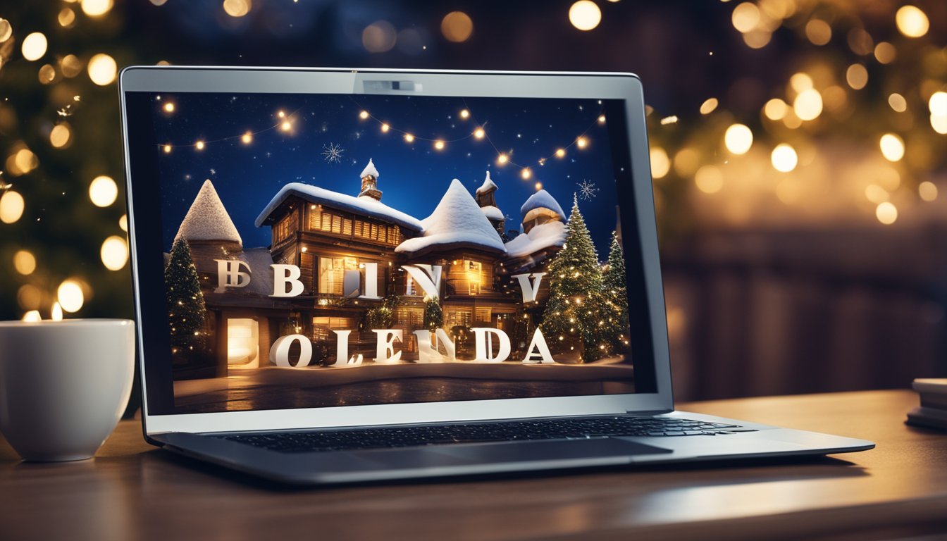 A laptop with a festive blog homepage displayed, surrounded by vacation and holiday-themed decorations. A calendar with marked dates and a stack of money symbolizing monetization