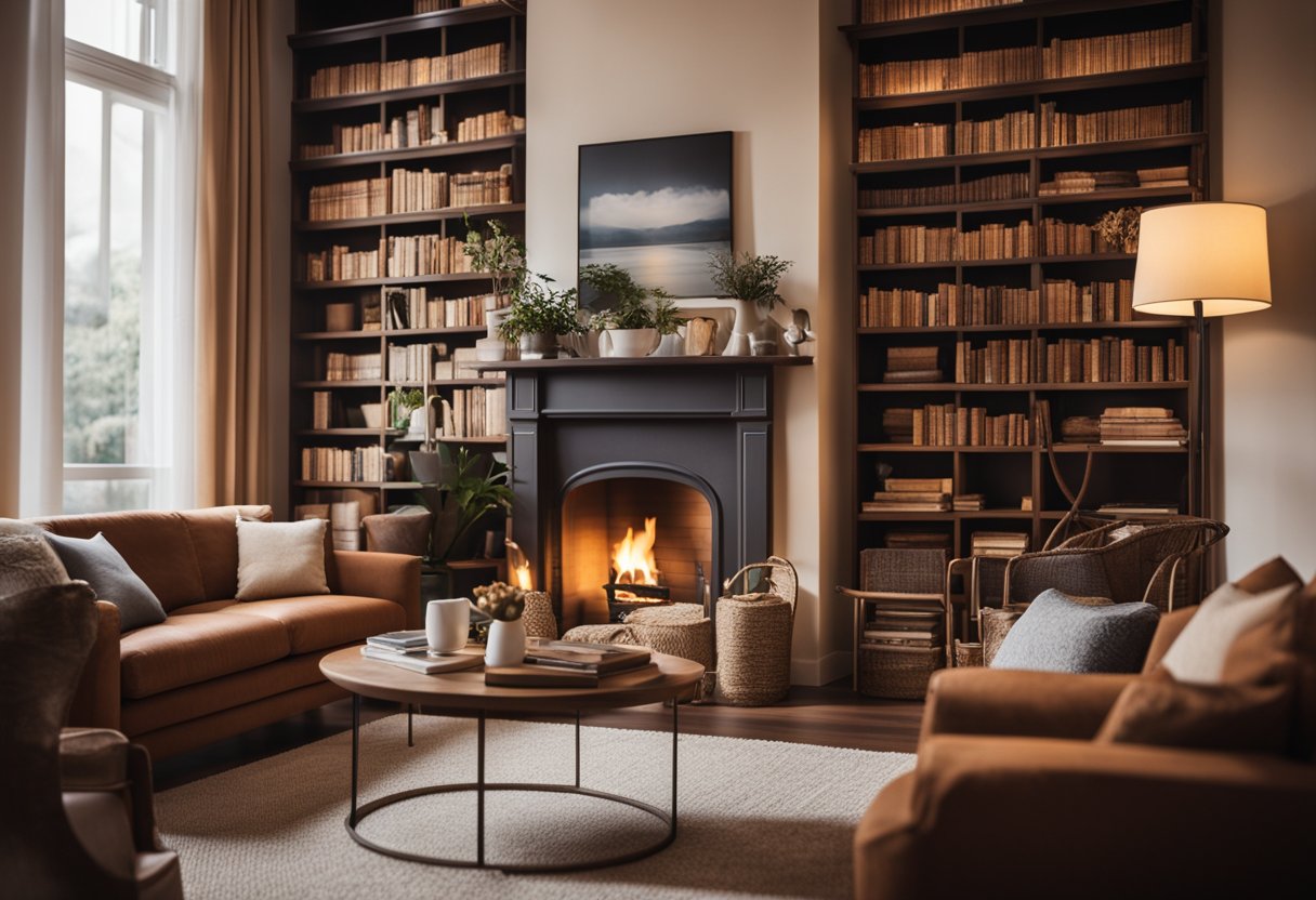 A cozy living room with a warm color palette, plush furniture, and soft lighting. A large bookshelf filled with books and decorative items. A fireplace with a crackling fire and a comfortable rug on the floor