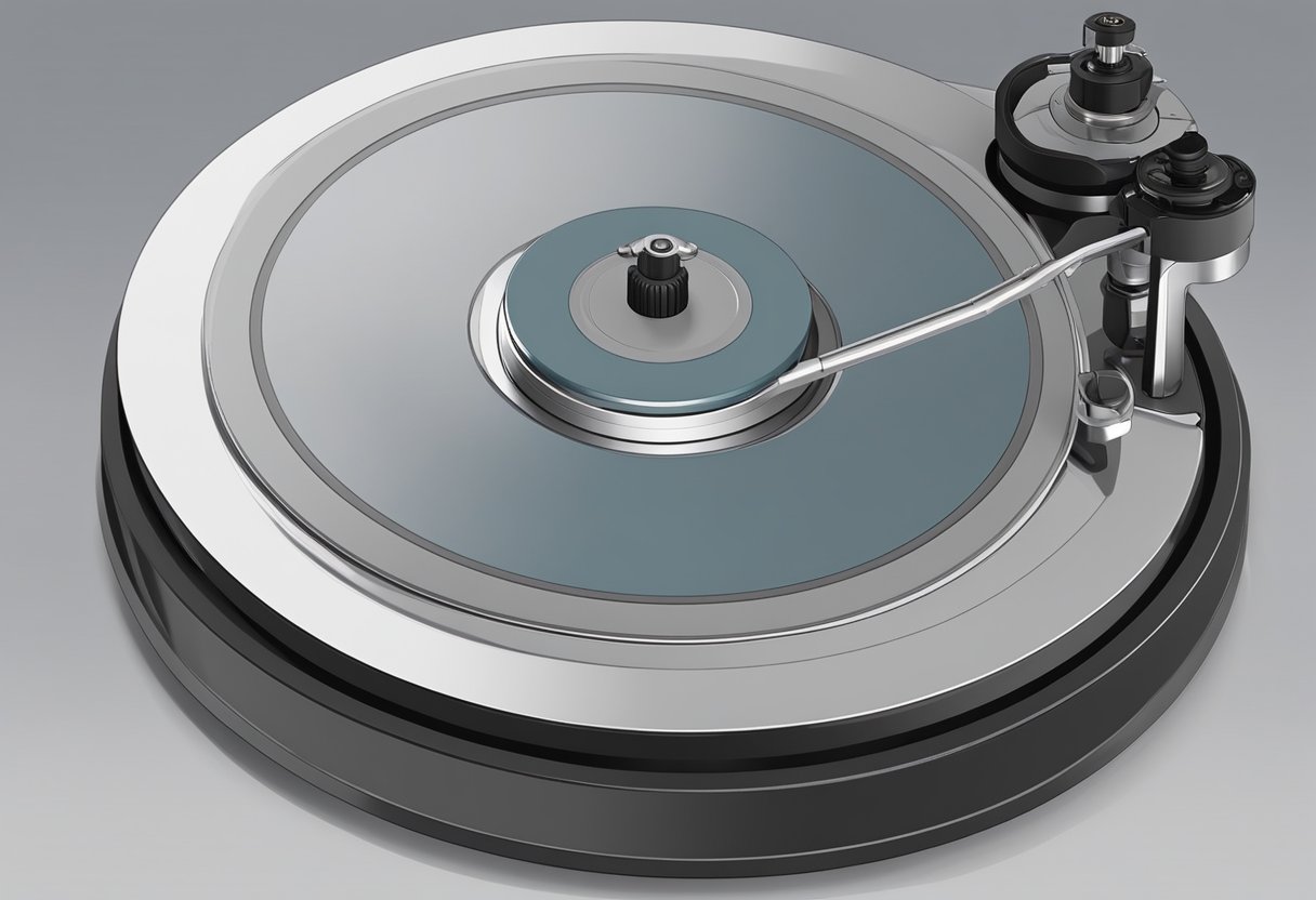 A plain bearing turntable rotates smoothly on its axis, with a circular base and a central pivot point. The base is flat and sturdy, while the pivot allows for easy rotation