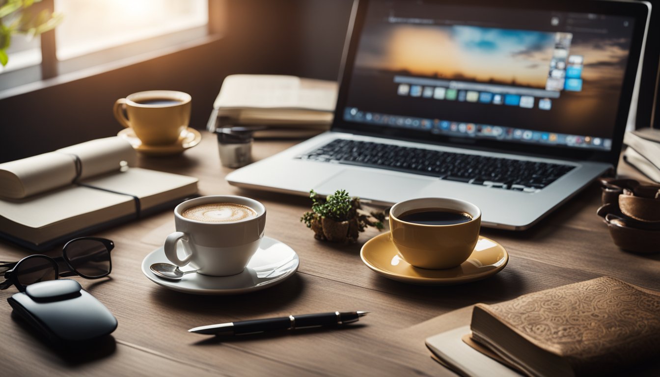 A cozy, cluttered desk with a laptop, notebook, and pen. A cup of coffee sits nearby, surrounded by animal-themed decor and books