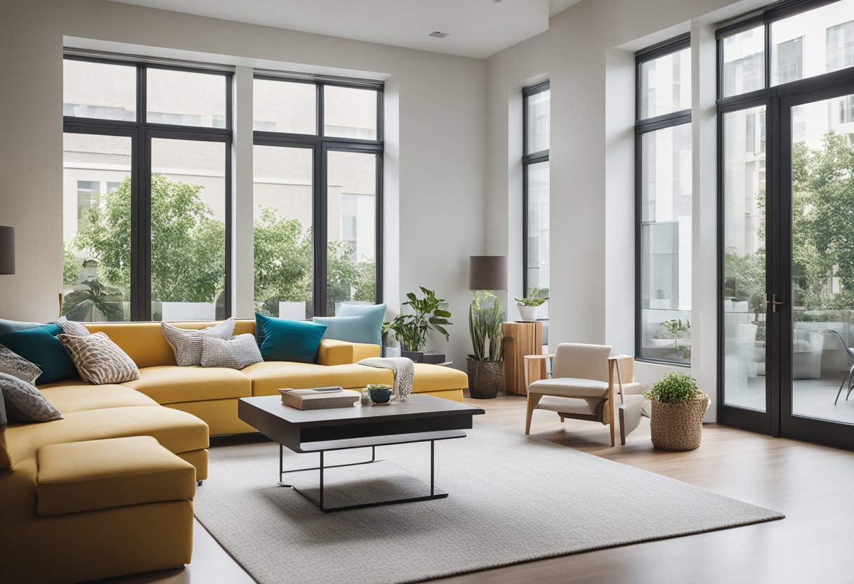 A bright, airy room with modern furniture and pops of color. Large windows let in natural light, highlighting the clean lines and sleek finishes of the space