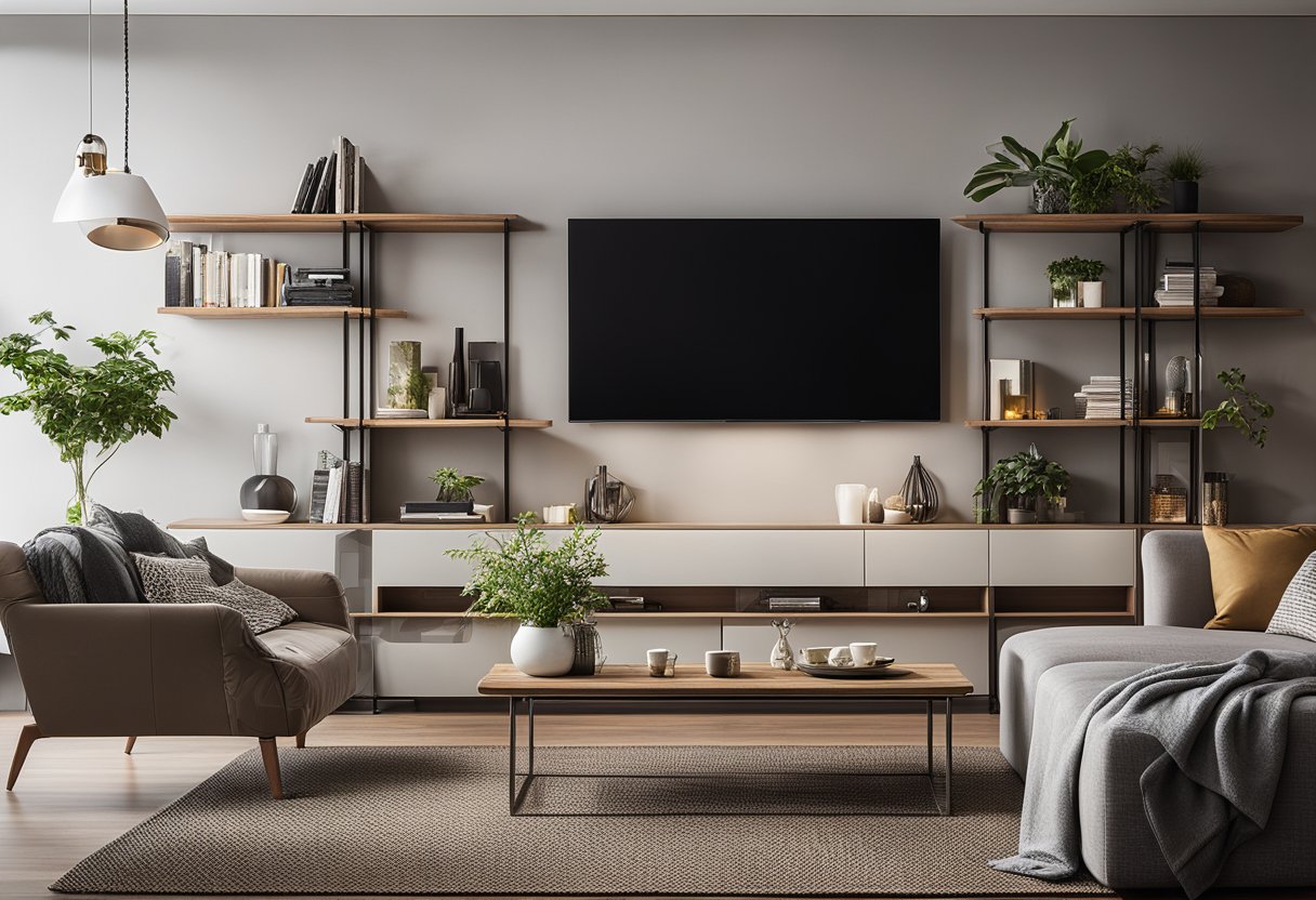 A cozy living room with a bookshelf, comfortable seating, and a stylish rug. A wall-mounted TV and a coffee table with decor complete the space